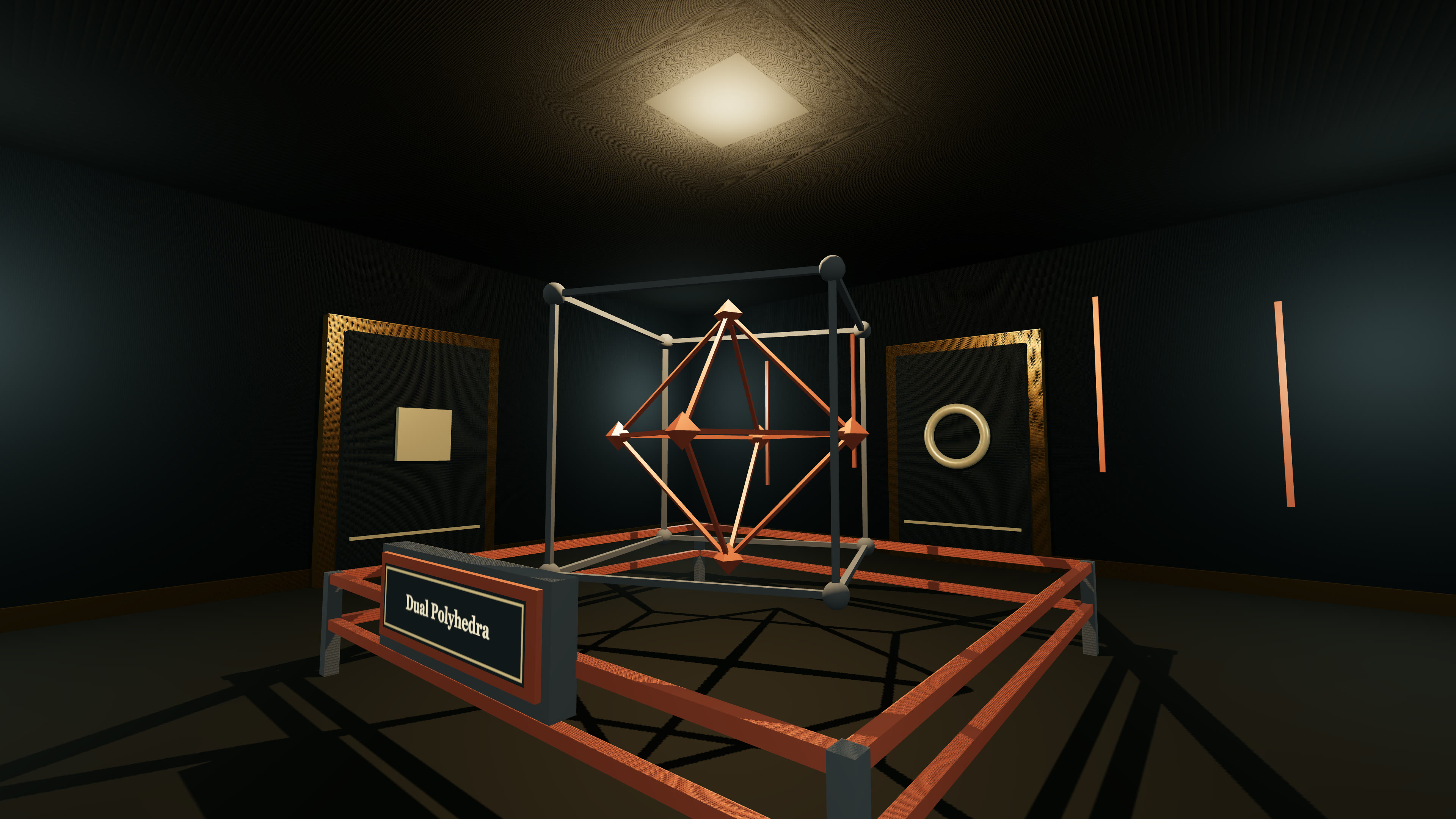 Two wireframe polyhedra suspended inside one another between marked doors.