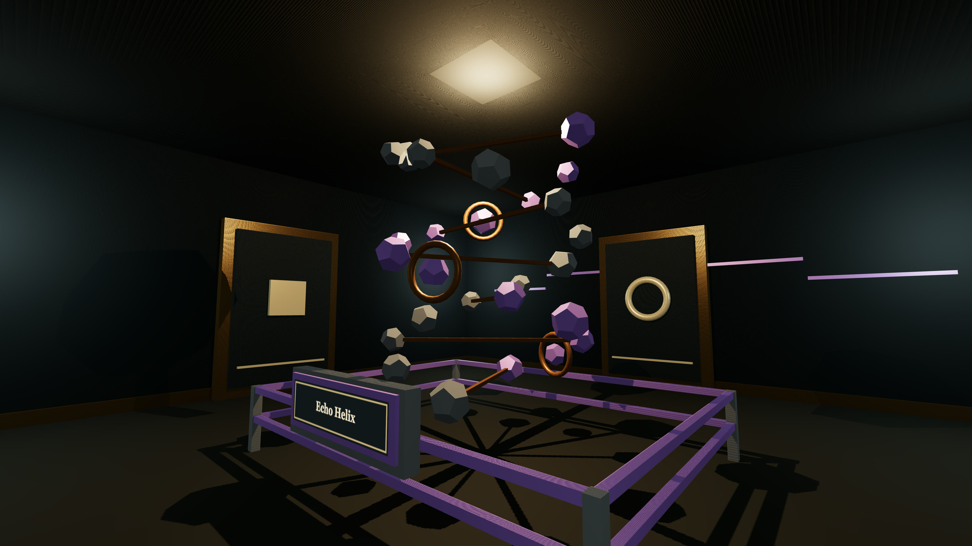 Purple, white, and black polyhedra arranged in a suspended helix between two marked doors.