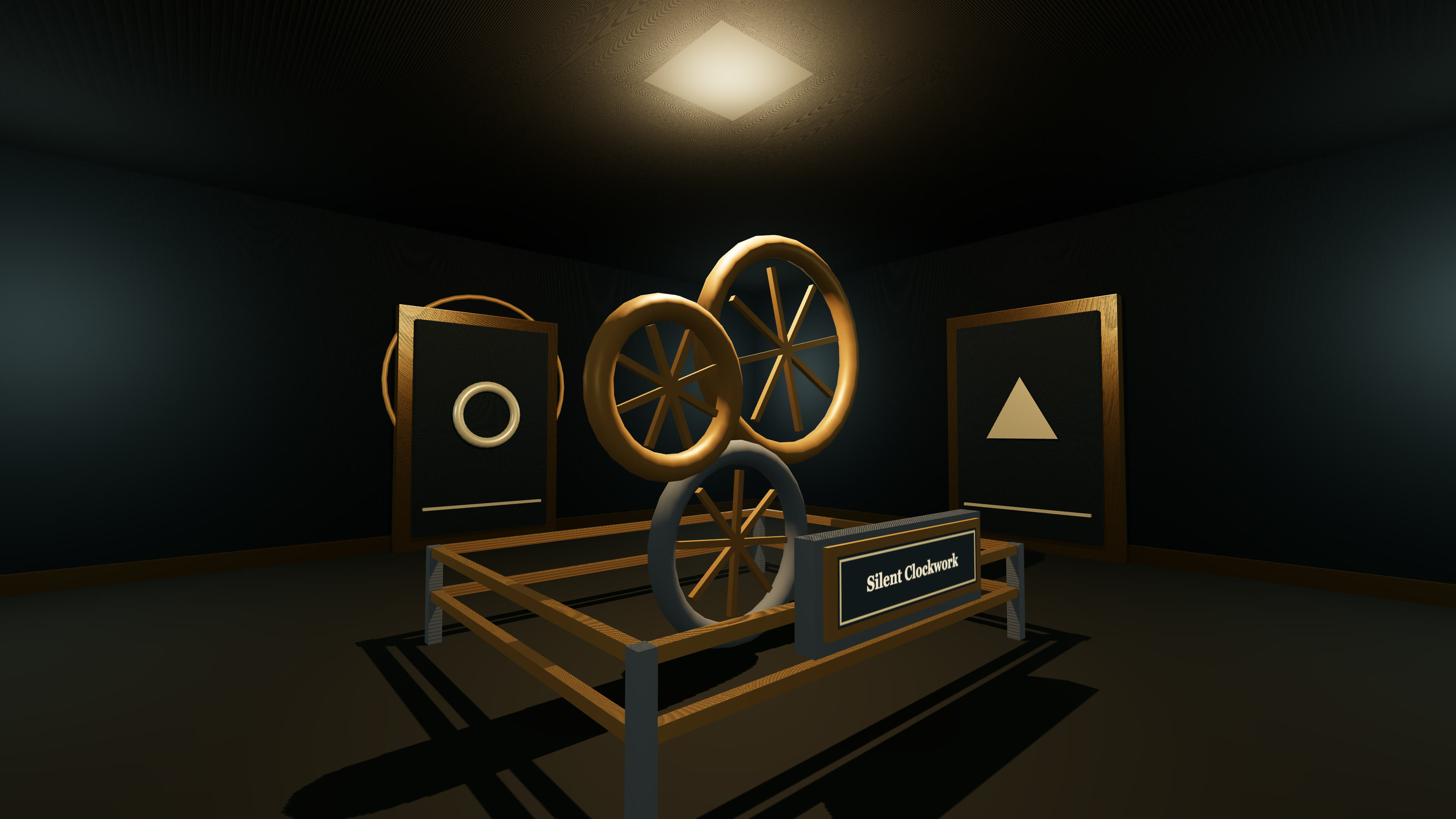 Four large spoked rings arranged like clockwork between two marked doors.