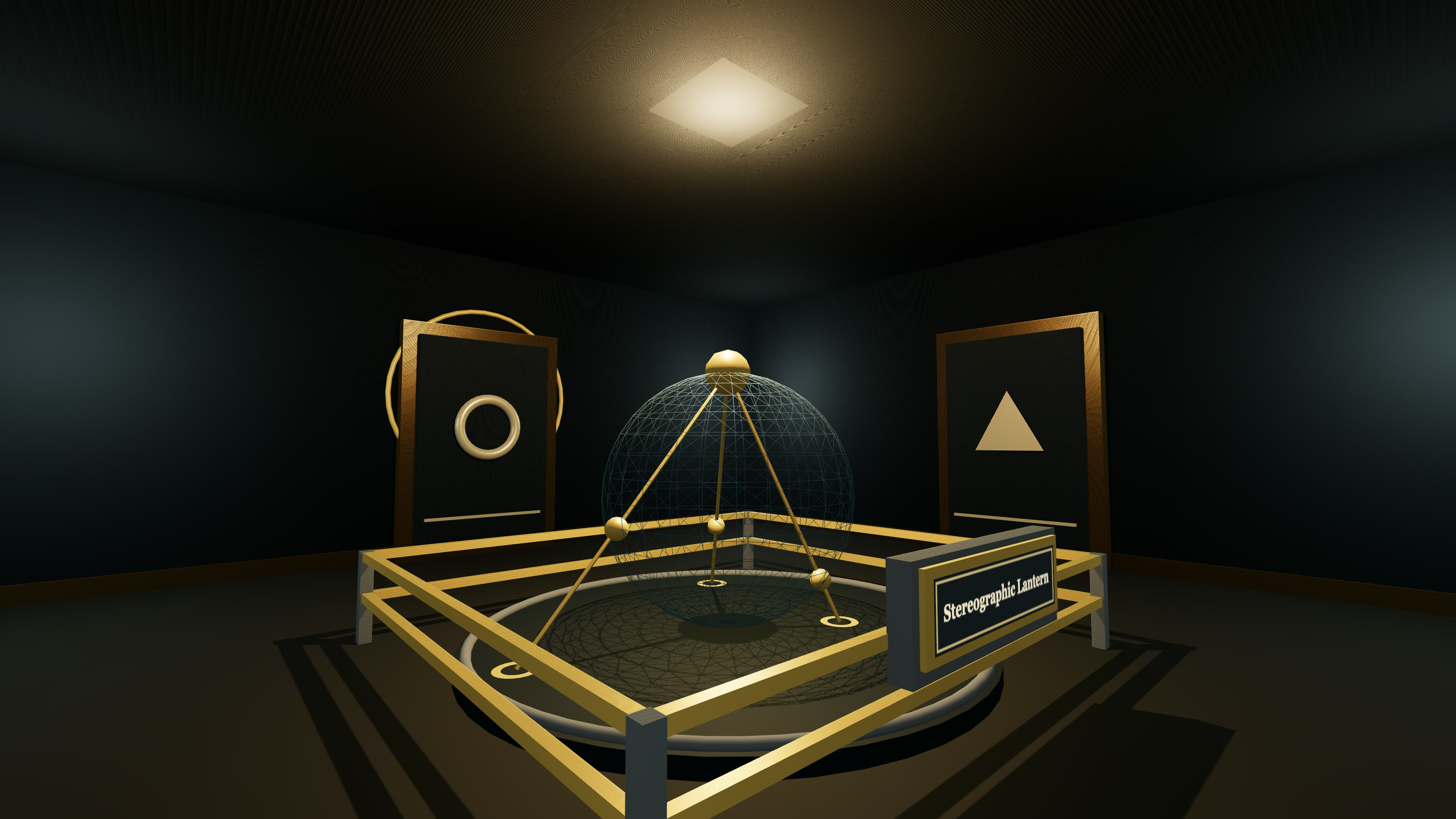 A wireframe sphere held inside a geometric lantern between two marked doors.